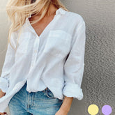 Women's Autumn Solid Color Long Sleeve Collared Cotton Linen Blouse